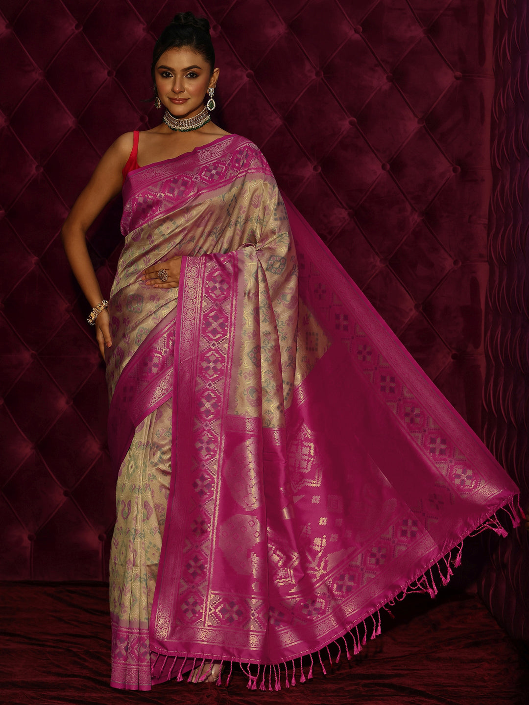  Libas Beige and Pink Patola Silk Blend Saree 