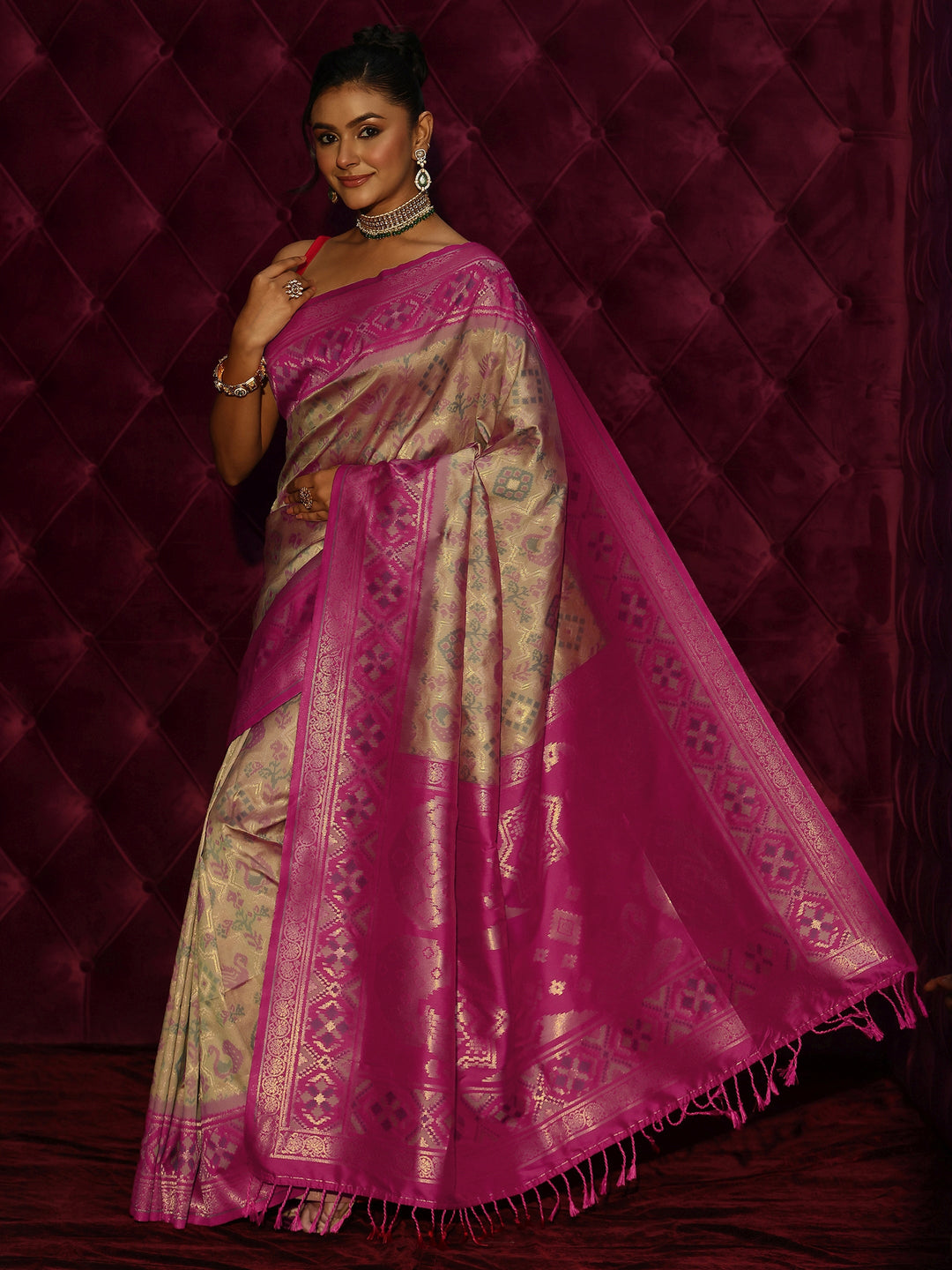  Libas Beige and Pink Patola Silk Blend Saree 