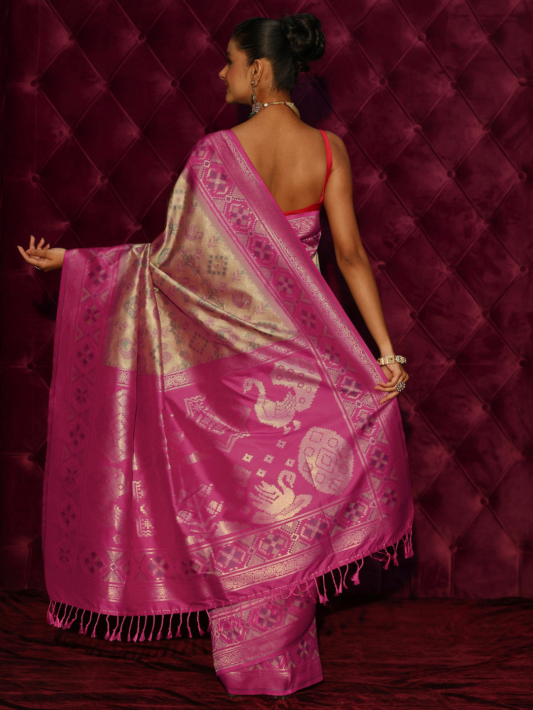  Libas Beige and Pink Patola Silk Blend Saree 