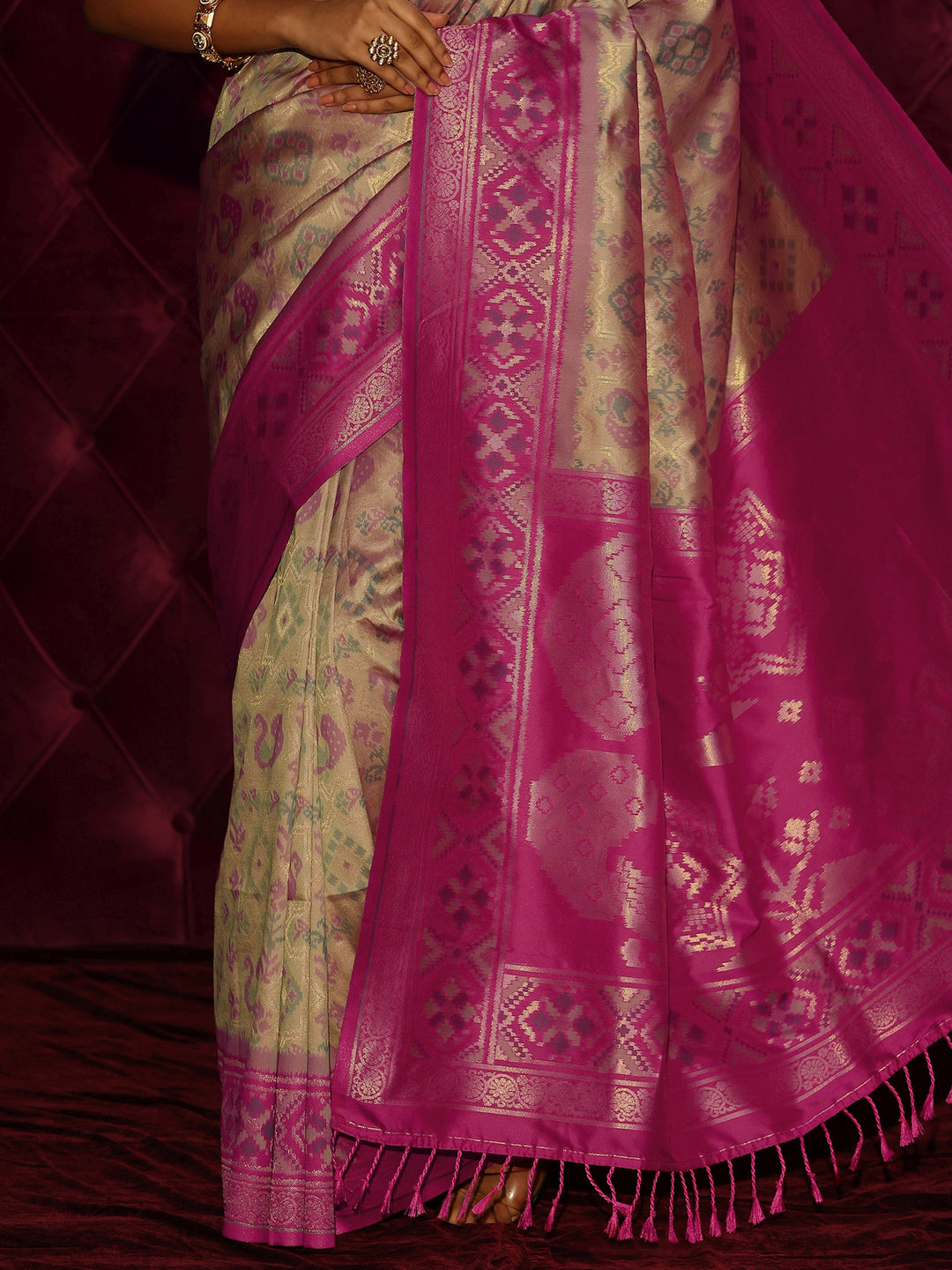  Libas Beige and Pink Patola Silk Blend Saree 