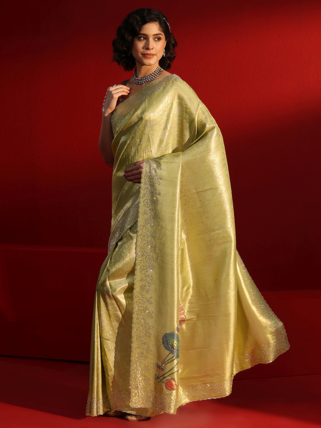  Libas Green Floral Woven Design Silk Saree with Embellished Border 