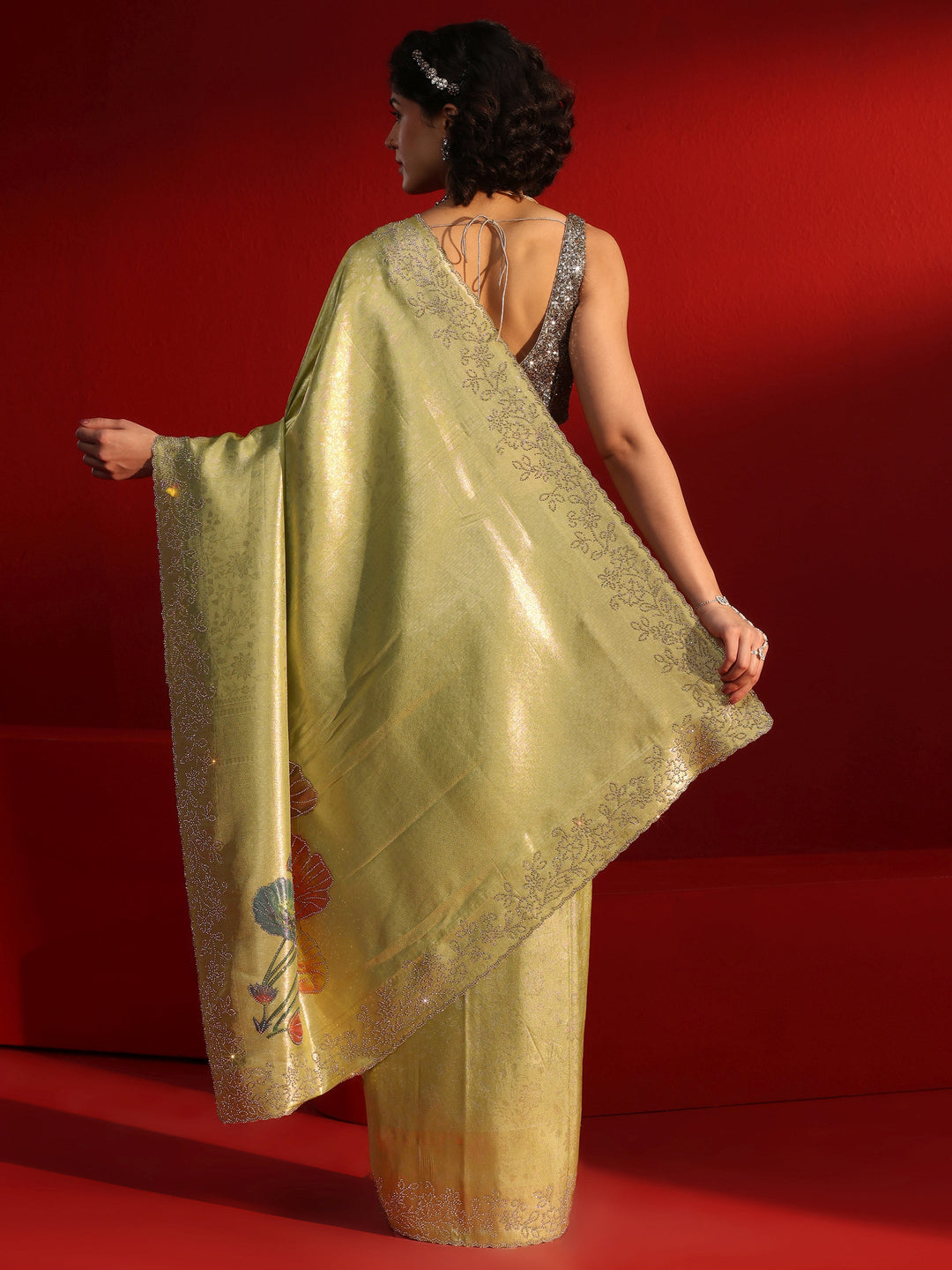  Libas Green Floral Woven Design Silk Saree with Embellished Border 