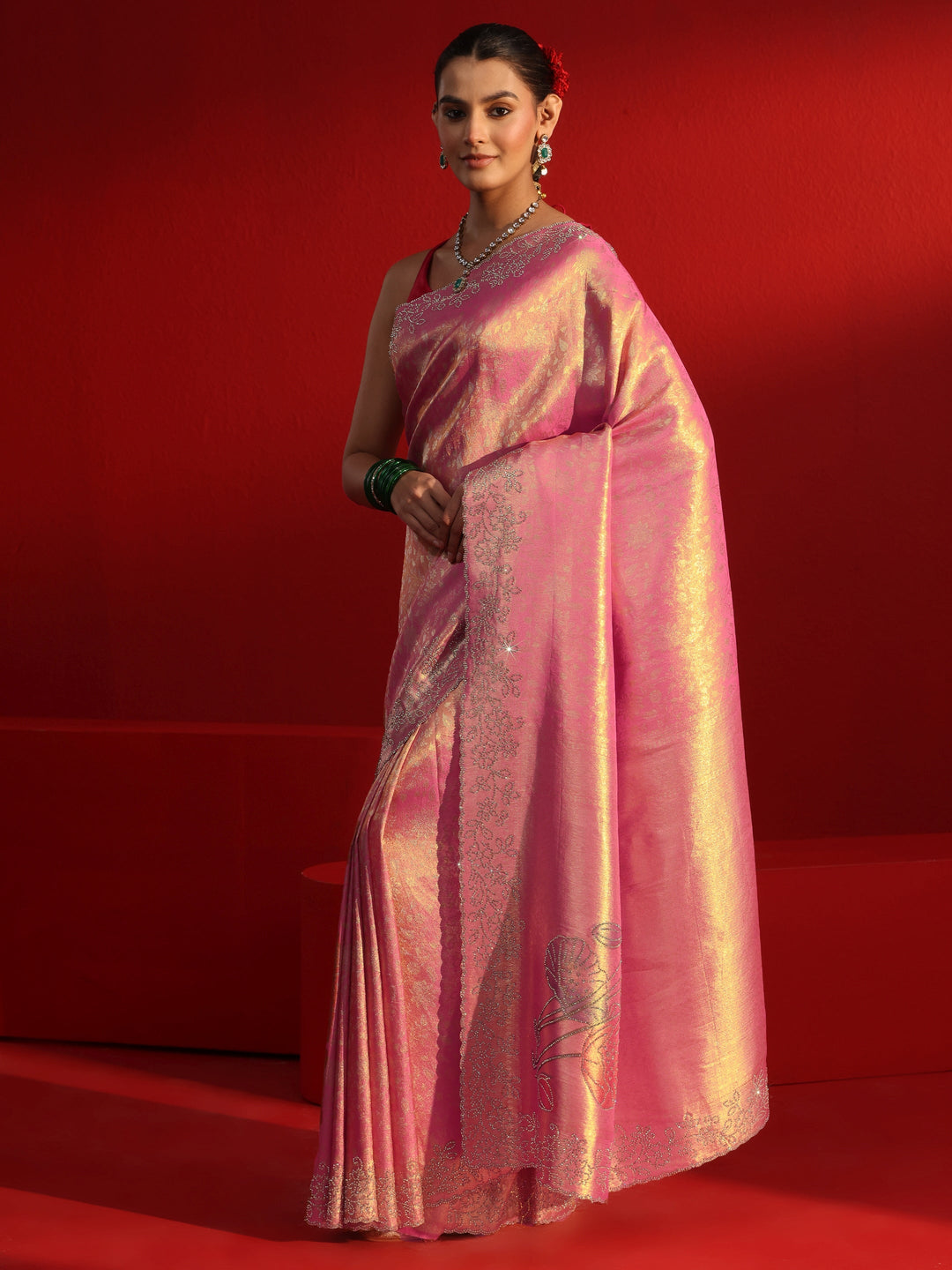  Libas Peach Floral Woven Design Silk Saree with Embellished Border 