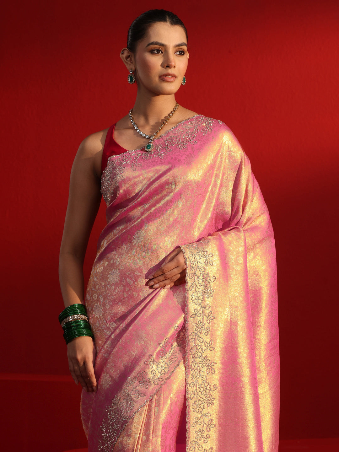  Libas Peach Floral Woven Design Silk Saree with Embellished Border 