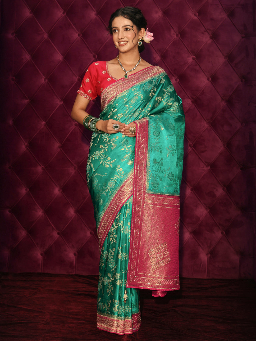  Libas Art Green and Red Woven Design Satin Saree with Stone Work 