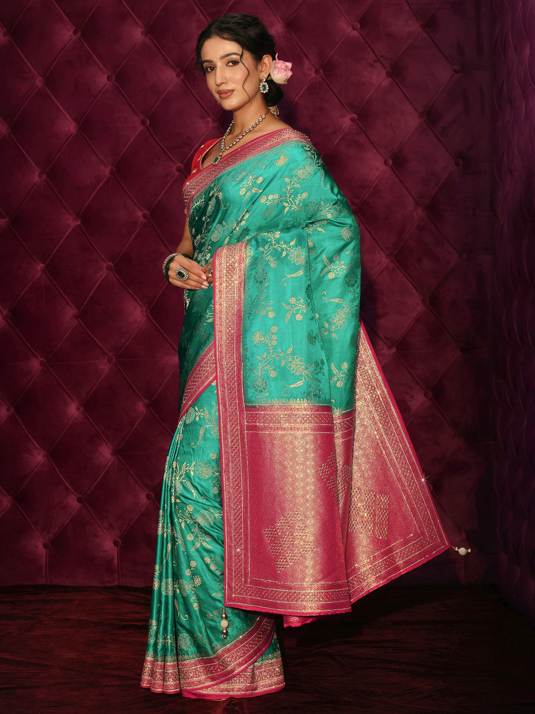  Libas Art Green and Red Woven Design Satin Saree with Stone Work 