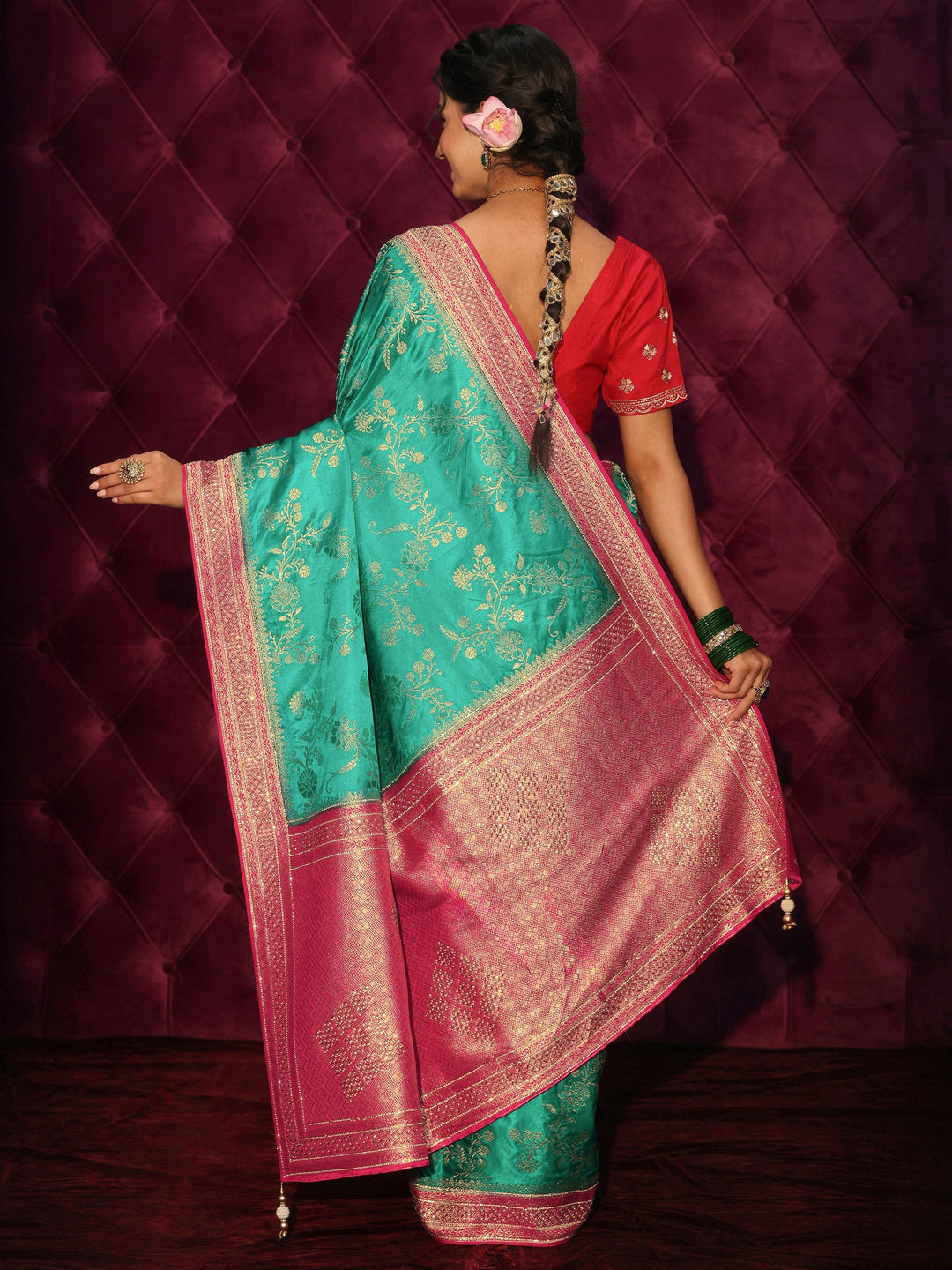  Libas Art Green and Red Woven Design Satin Saree with Stone Work 