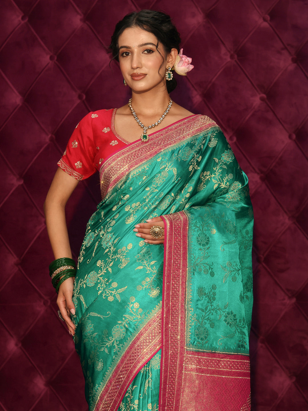  Libas Art Green and Red Woven Design Satin Saree with Stone Work 