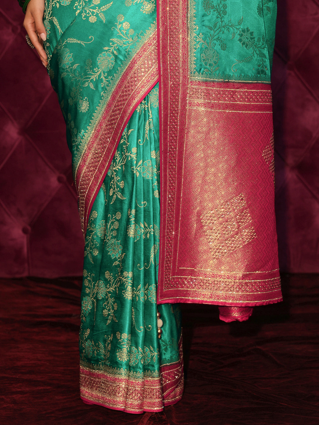  Libas Art Green and Red Woven Design Satin Saree with Stone Work 