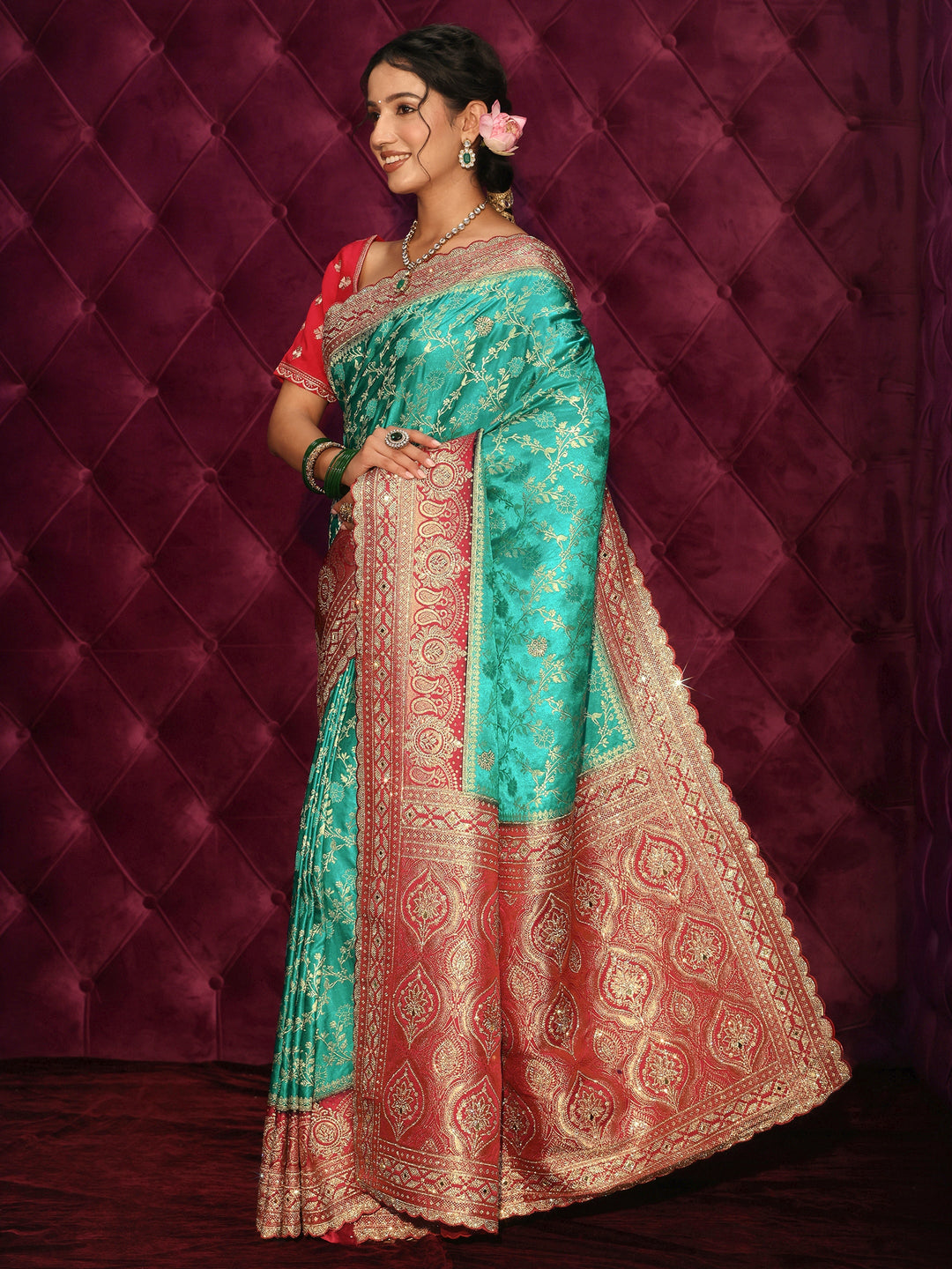  Libas Art Green Floral Woven Design Satin Saree with Embellished Pallu 