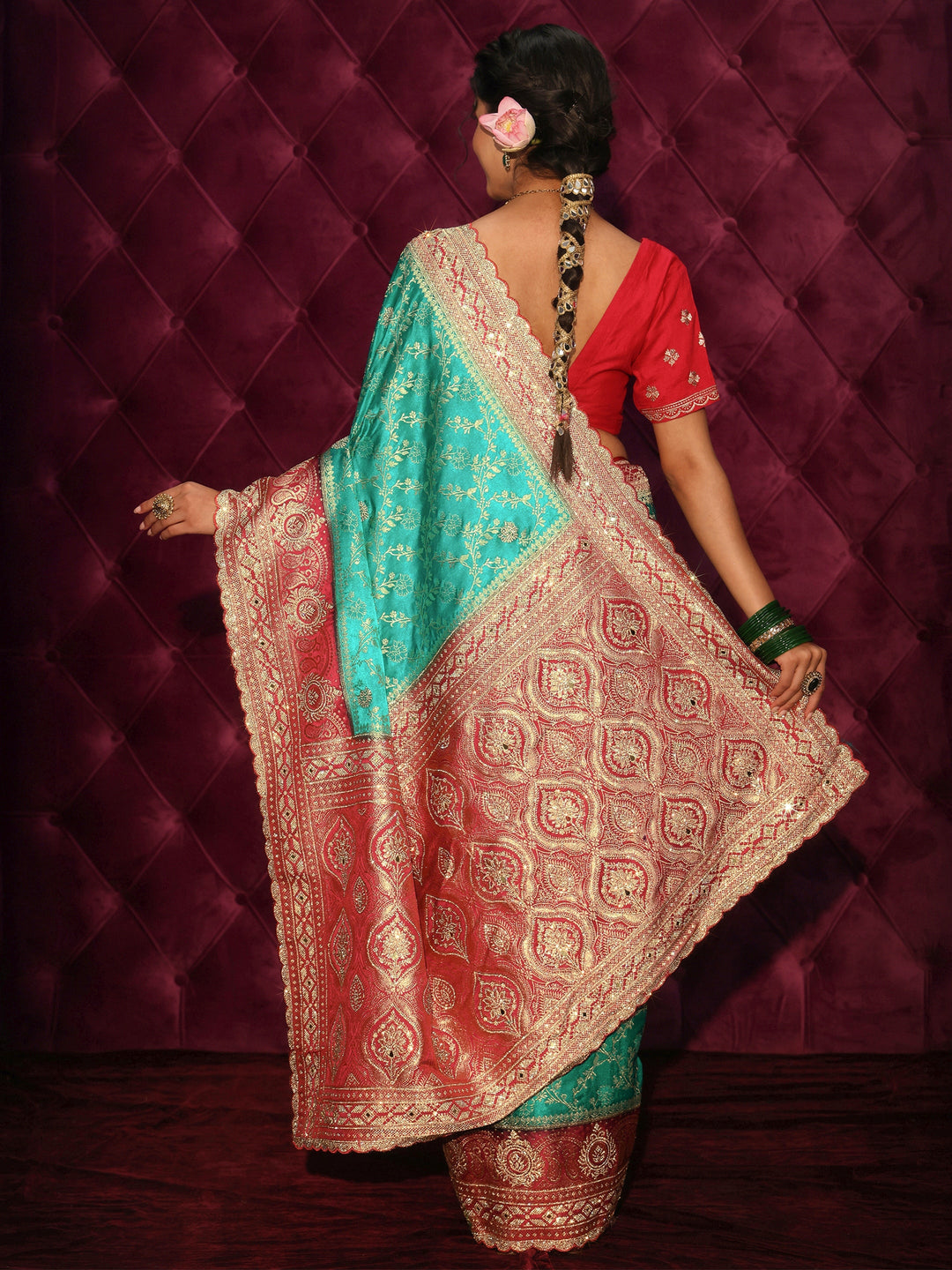  Libas Art Green Floral Woven Design Satin Saree with Embellished Pallu 