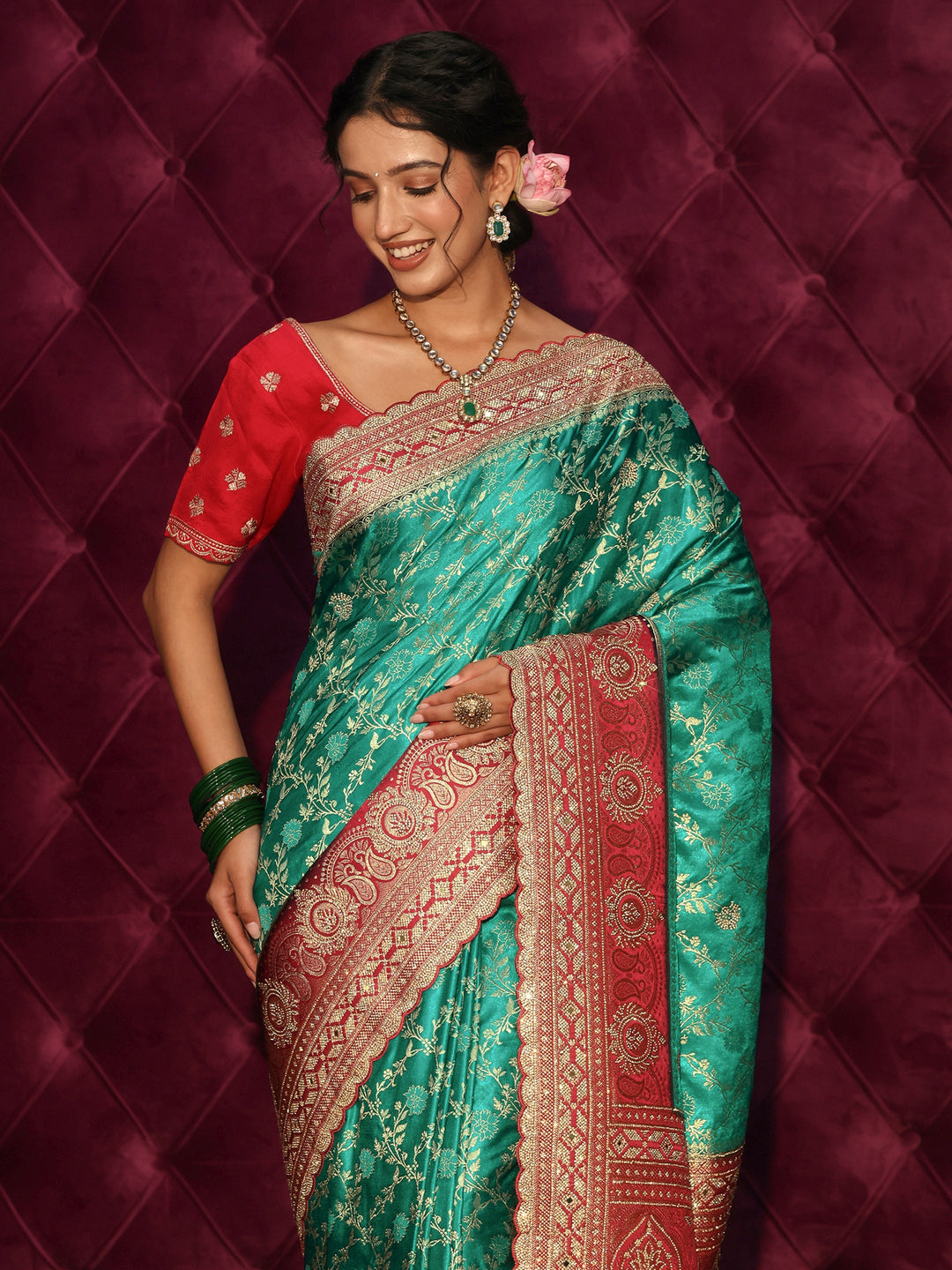  Libas Art Green Floral Woven Design Satin Saree with Embellished Pallu 