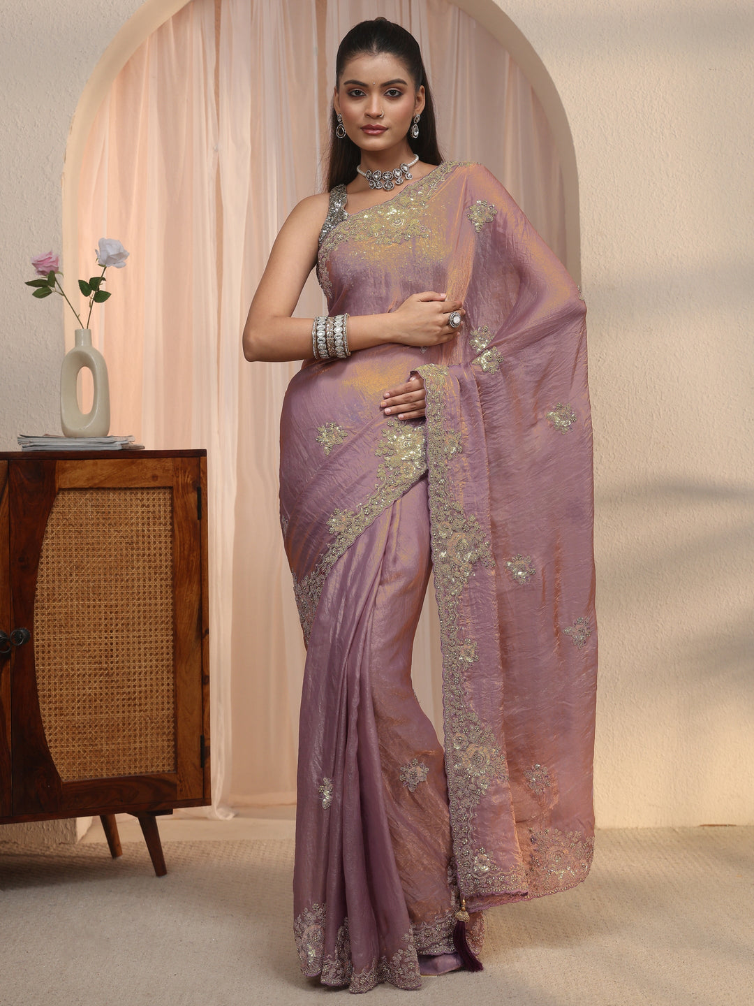  Libas Lavender Floral Embellished Tissue Saree 