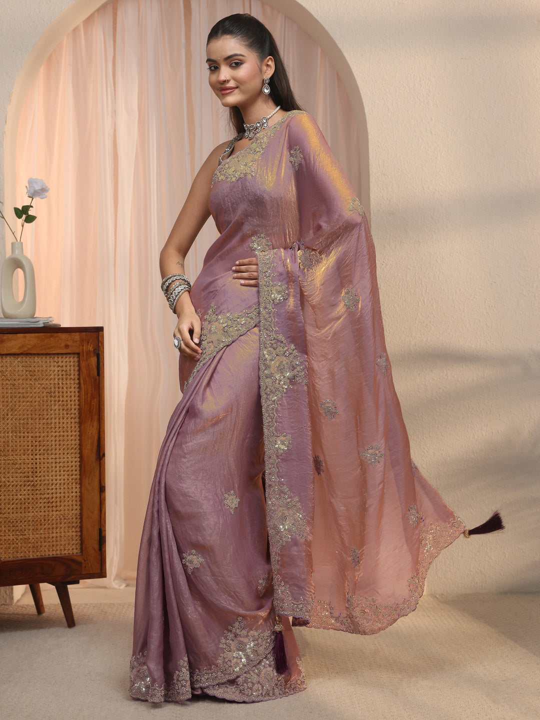  Libas Lavender Floral Embellished Tissue Saree 