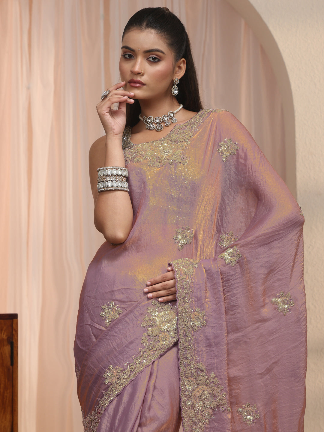  Libas Lavender Floral Embellished Tissue Saree 