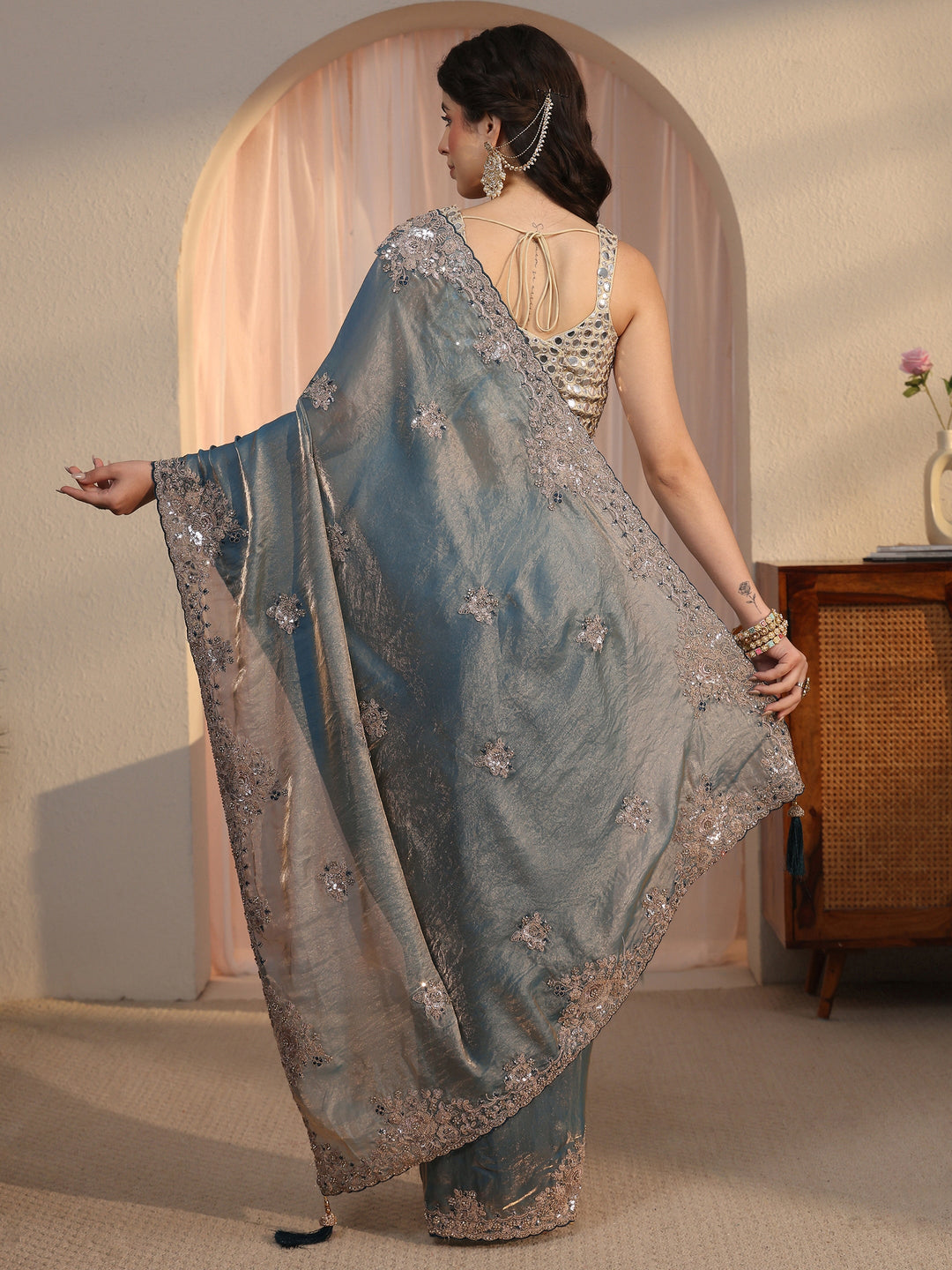  Libas Dusty Blue Floral Embellished Tissue Saree 