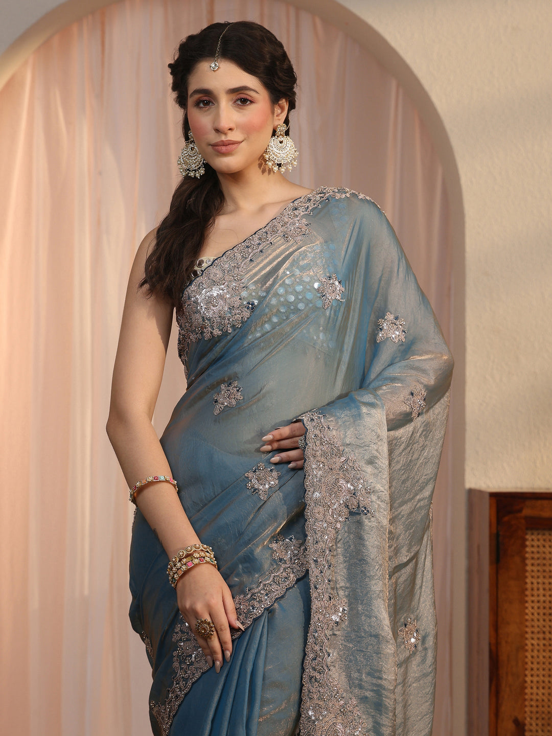  Libas Dusty Blue Floral Embellished Tissue Saree 
