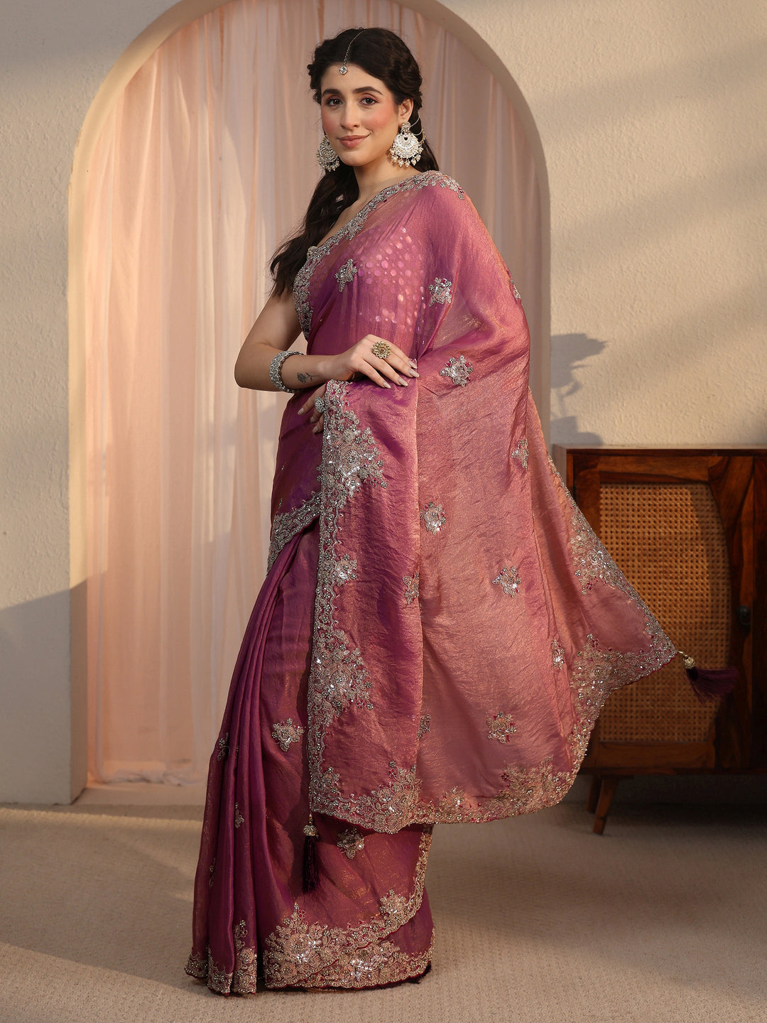  Libas Mauve Floral Embellished Tissue Saree 
