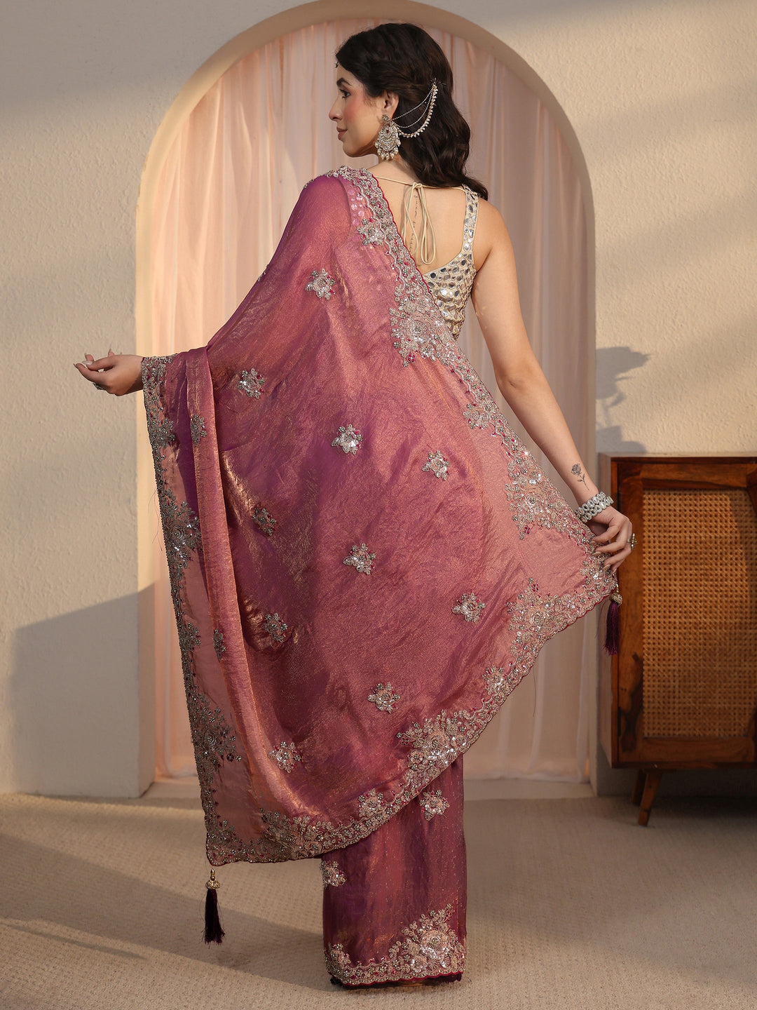  Libas Mauve Floral Embellished Tissue Saree 
