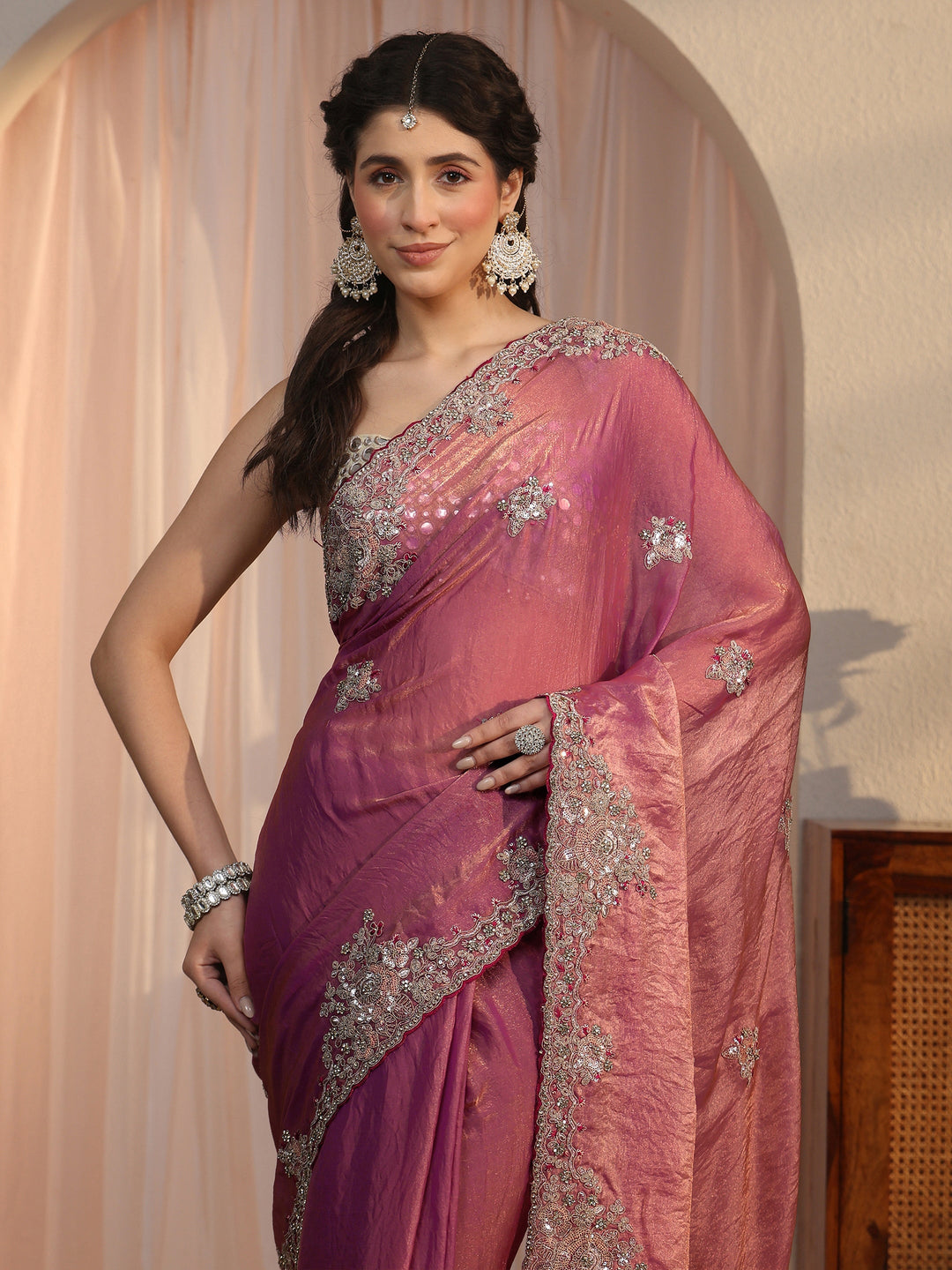  Libas Mauve Floral Embellished Tissue Saree 