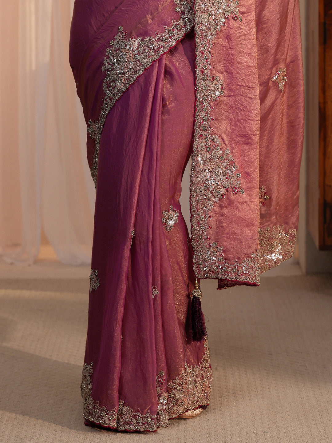  Libas Mauve Floral Embellished Tissue Saree 