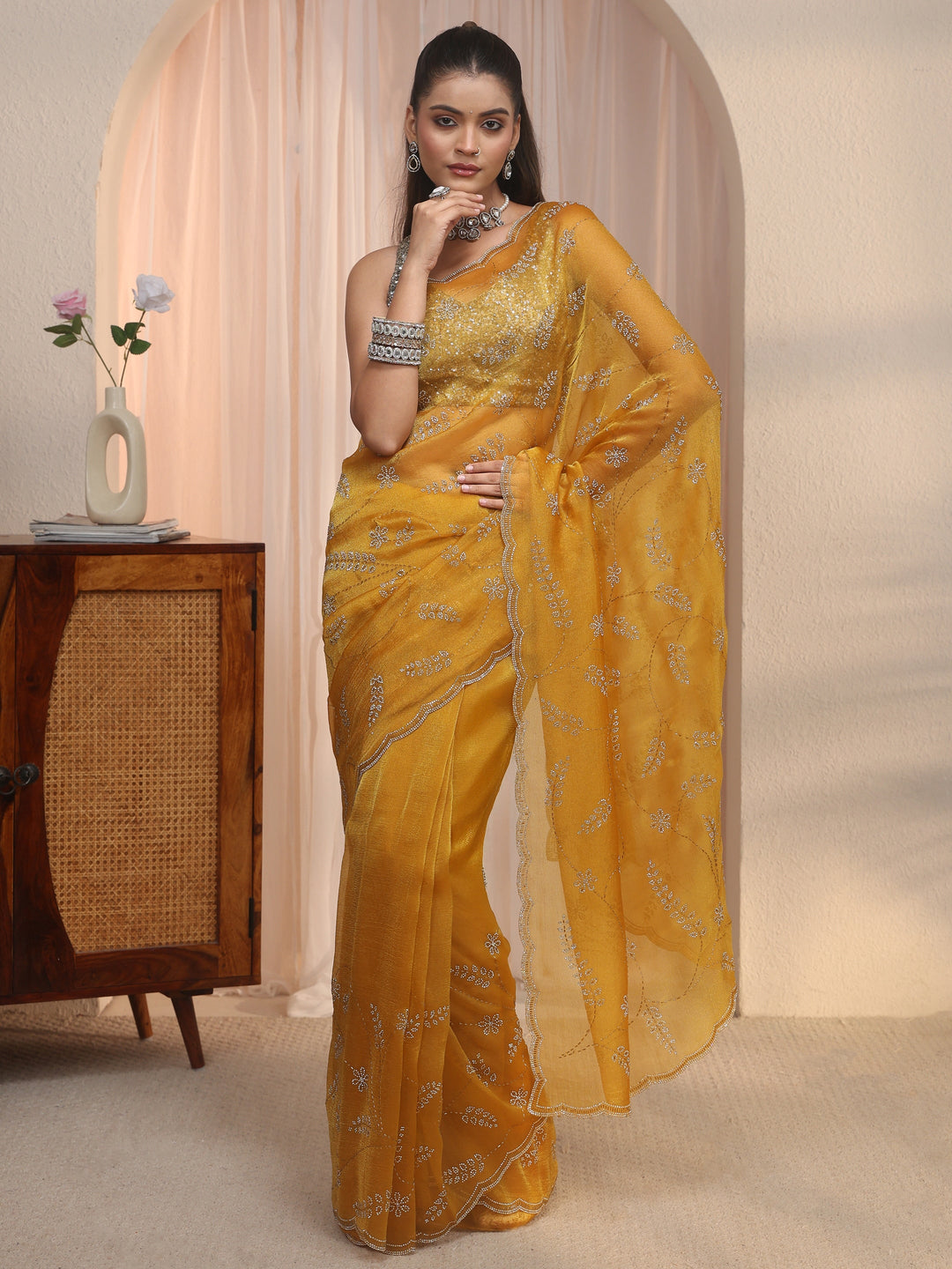 Libas Mustard Stone Work Embellished Tissue Saree with Scalloped Border 