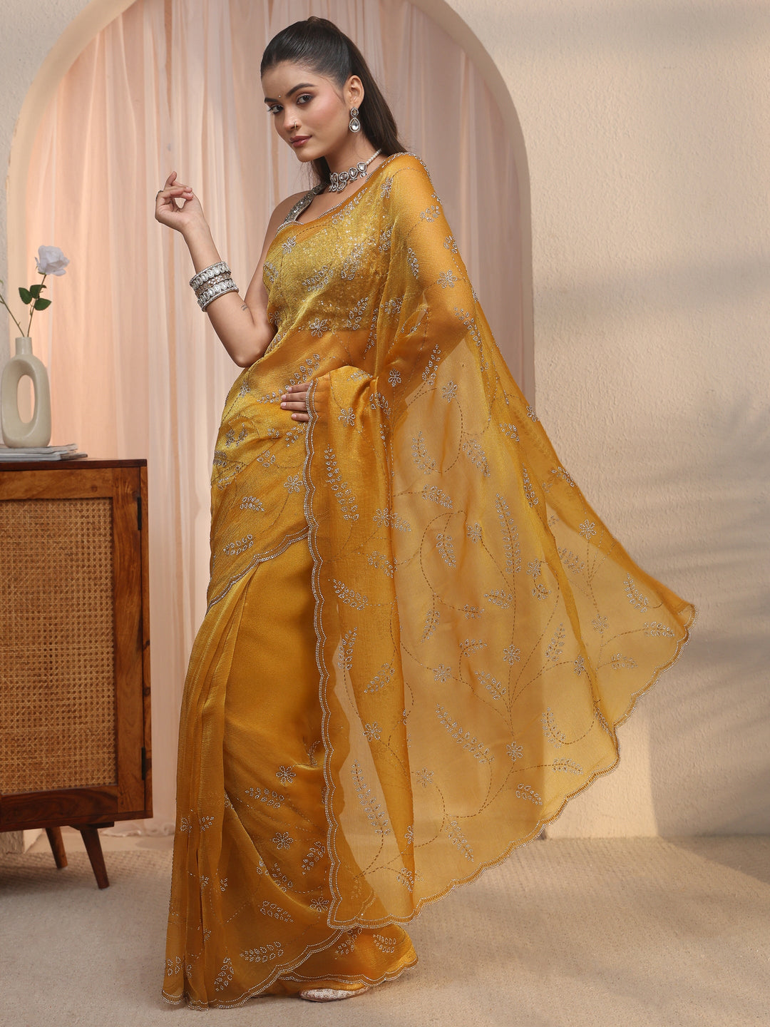  Libas Mustard Stone Work Embellished Tissue Saree with Scalloped Border 
