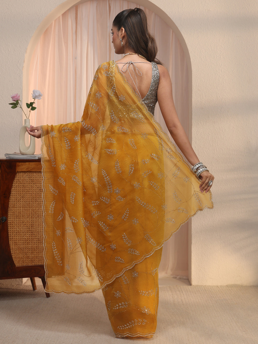  Libas Mustard Stone Work Embellished Tissue Saree with Scalloped Border 