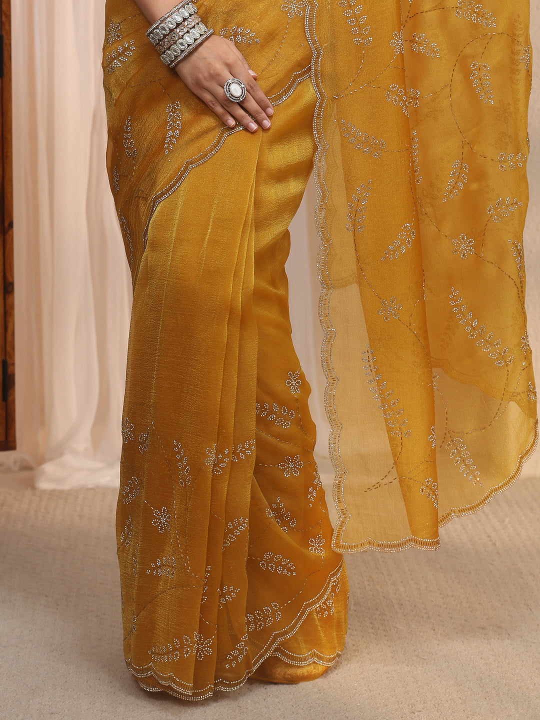  Libas Mustard Stone Work Embellished Tissue Saree with Scalloped Border 