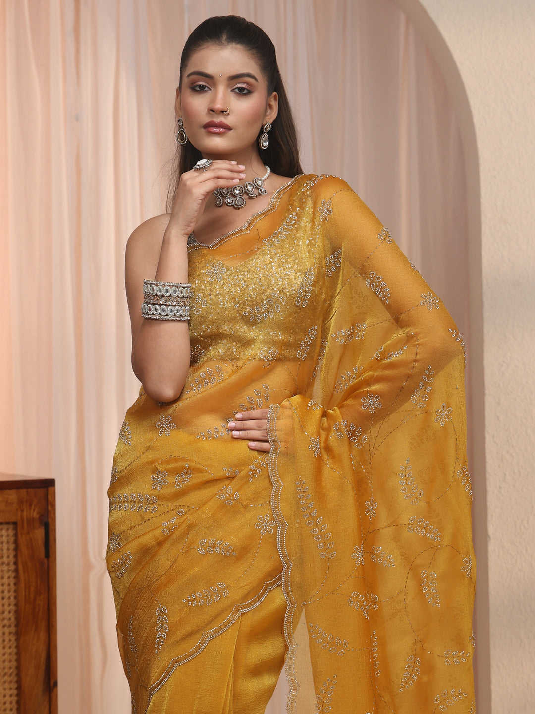  Libas Mustard Stone Work Embellished Tissue Saree with Scalloped Border 