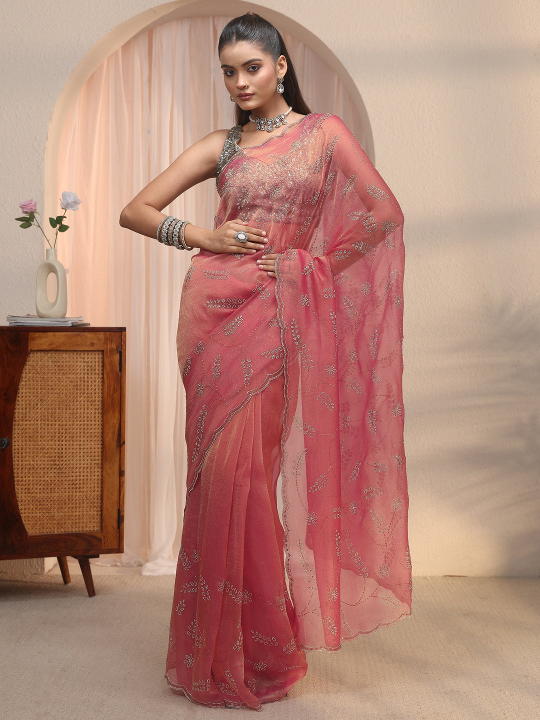  Libas Peach Pink Stone Work Embellished Tissue Saree with Scalloped Border 