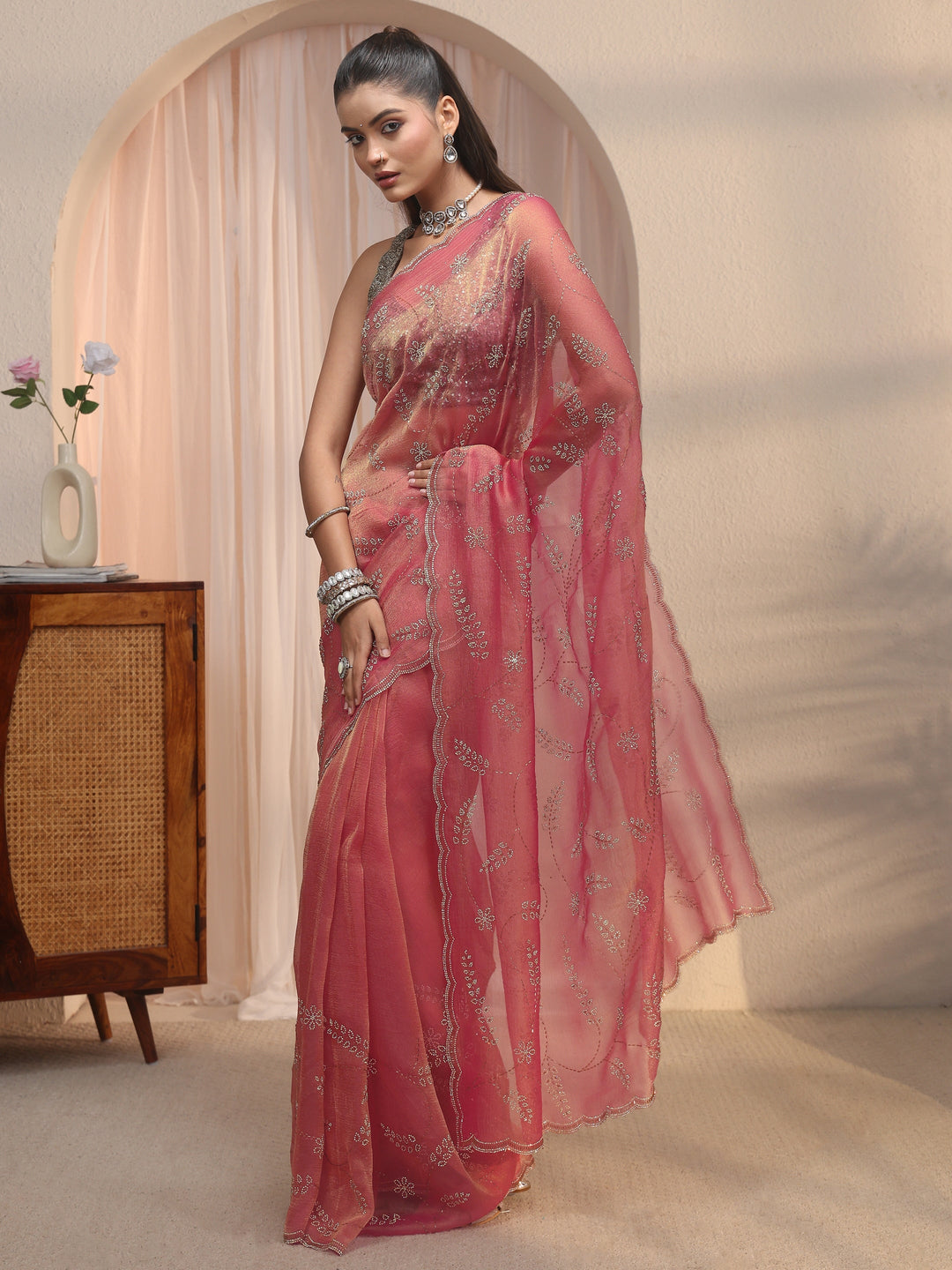  Libas Peach Pink Stone Work Embellished Tissue Saree with Scalloped Border 