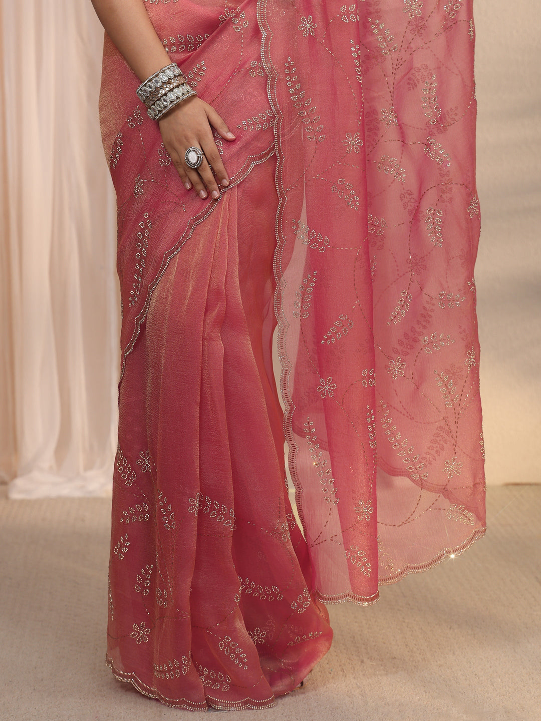  Libas Peach Pink Stone Work Embellished Tissue Saree with Scalloped Border 
