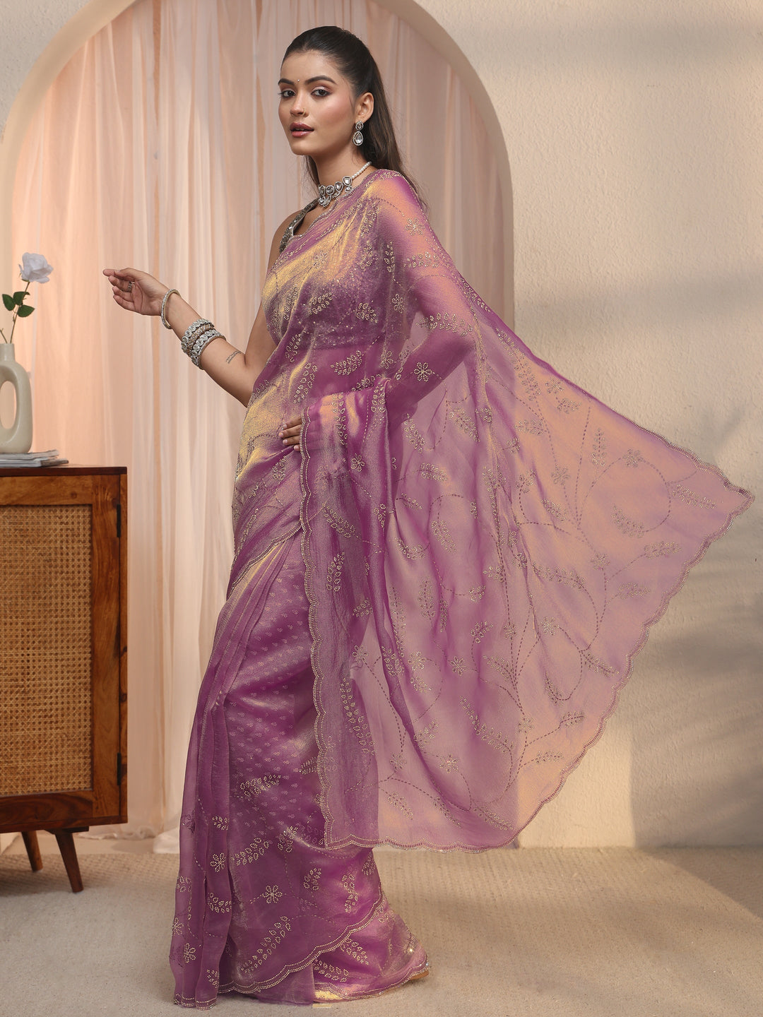  Libas Purple Stone Work Embellished Tissue Saree with Scalloped Border 