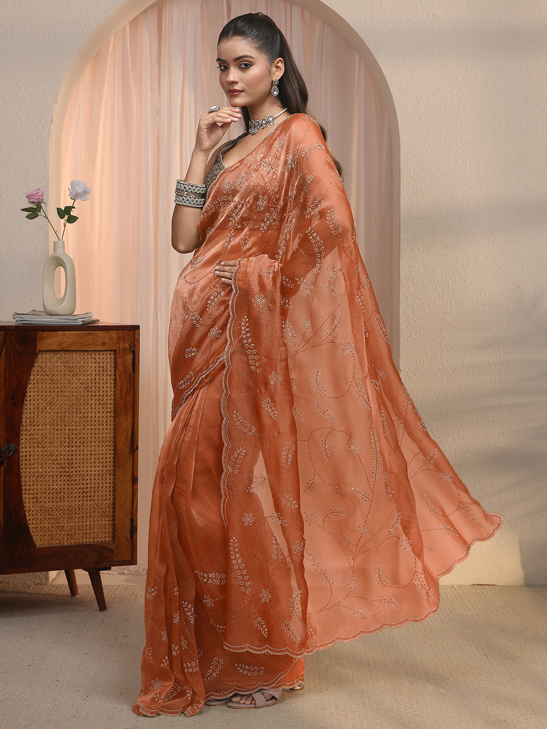  Libas Rust Brown Leafy Stone Work Embellished Tissue Saree 