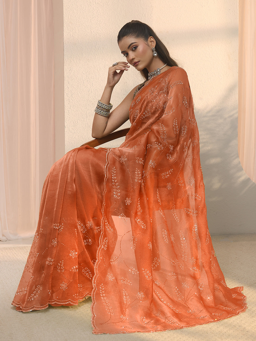  Libas Rust Brown Leafy Stone Work Embellished Tissue Saree 