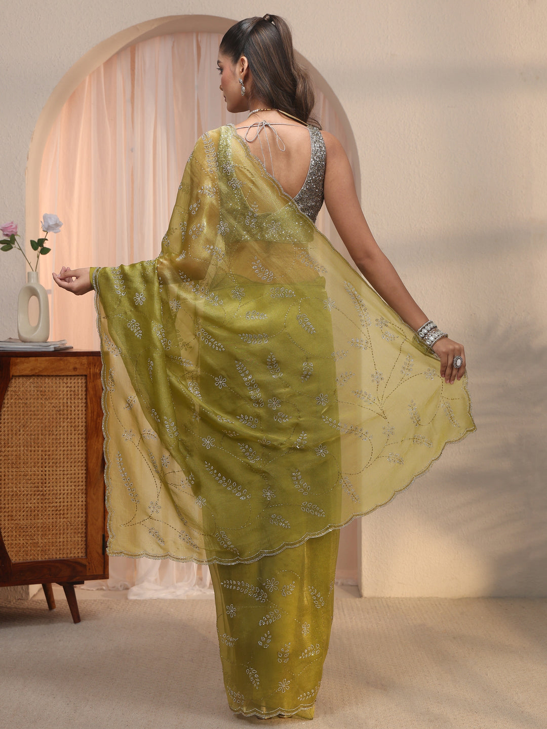  Libas Green Stone Work Embellished Tissue Saree with Scalloped Border 