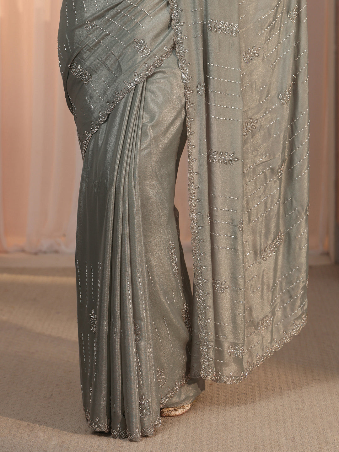  Libas Grey Stone Work Embellished Satin Saree with Scalloped Border 