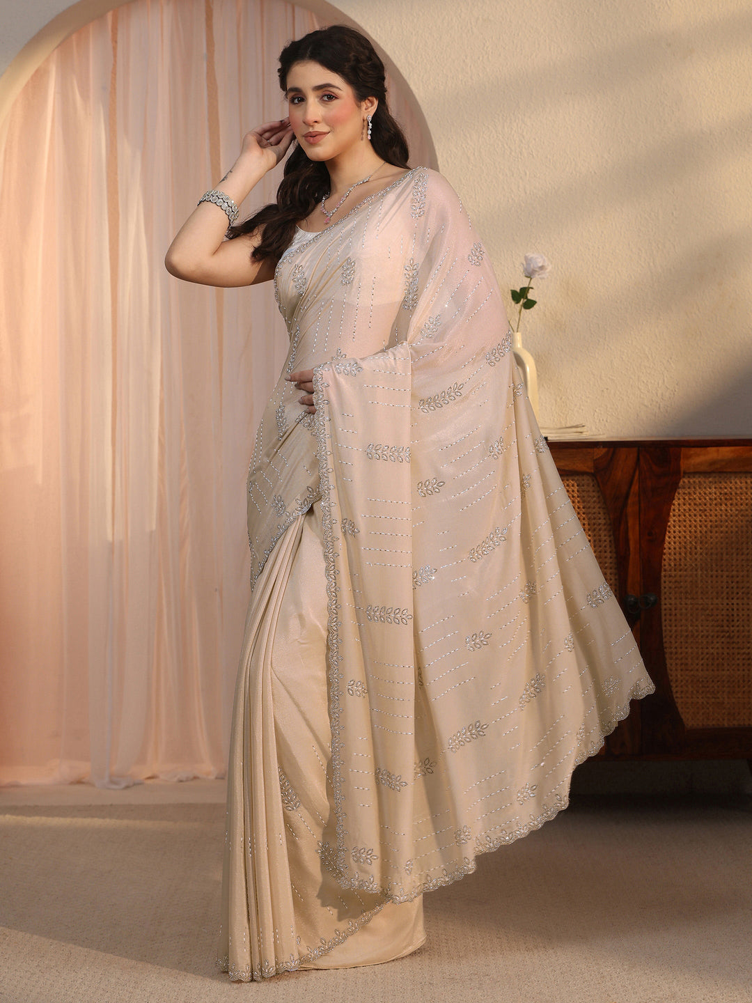  Libas Cream Stone Work Embellished Satin Saree with Scalloped Border 