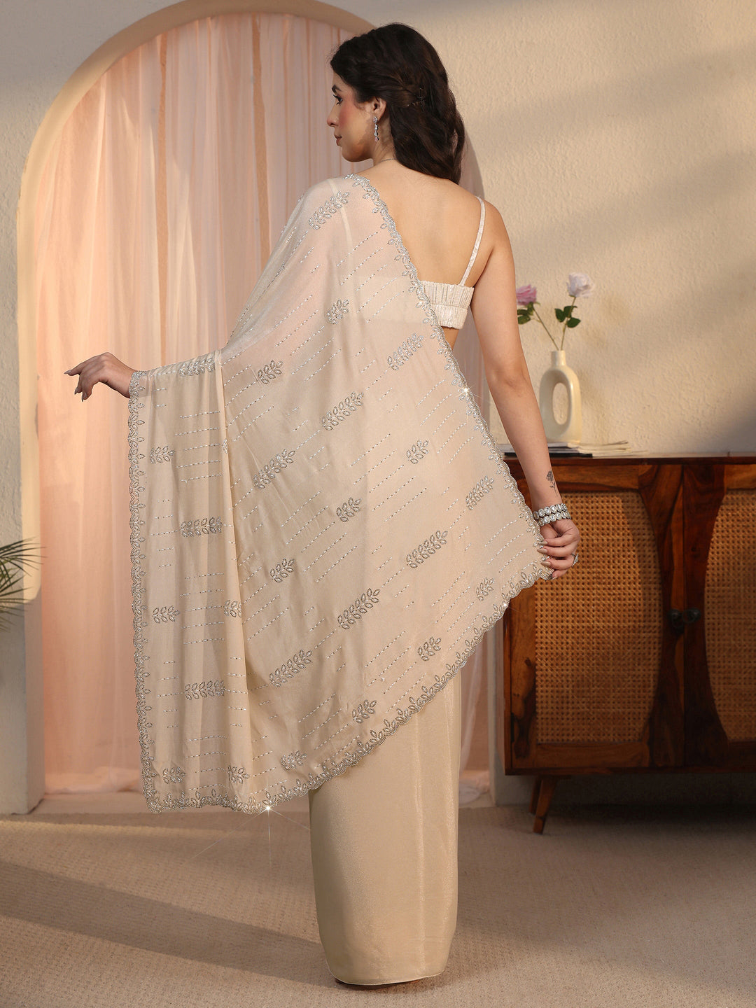  Libas Cream Stone Work Embellished Satin Saree with Scalloped Border 