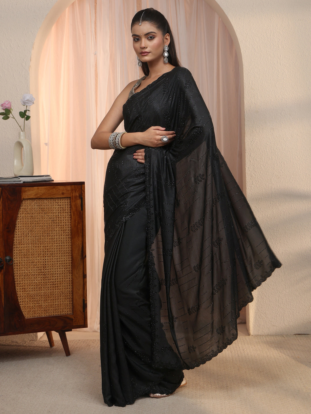  Libas Black Stone Work Embellished Satin Saree with Scalloped Border 