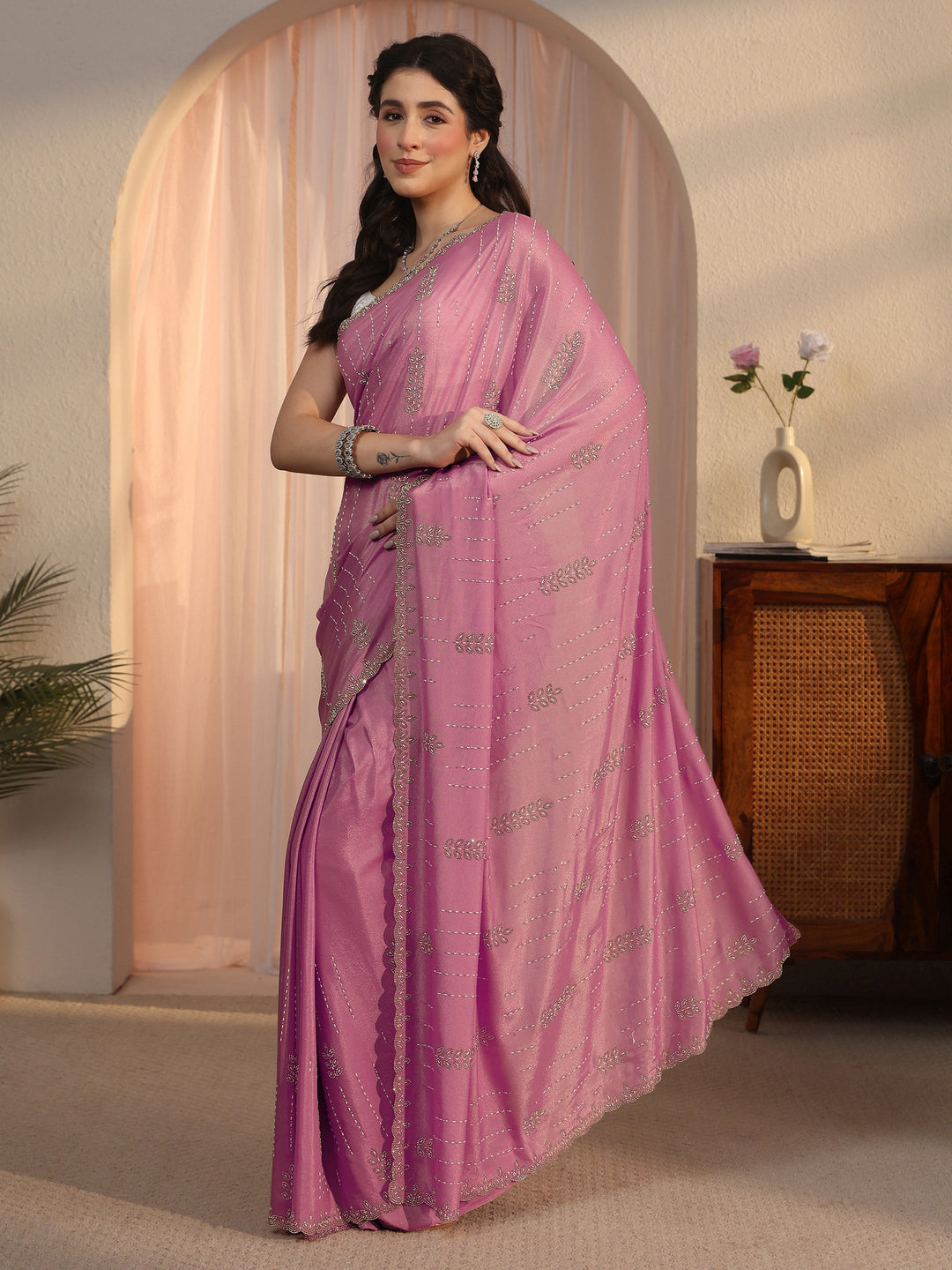  Libas Pink Stone Work Embellished Satin Saree with Scalloped Border 