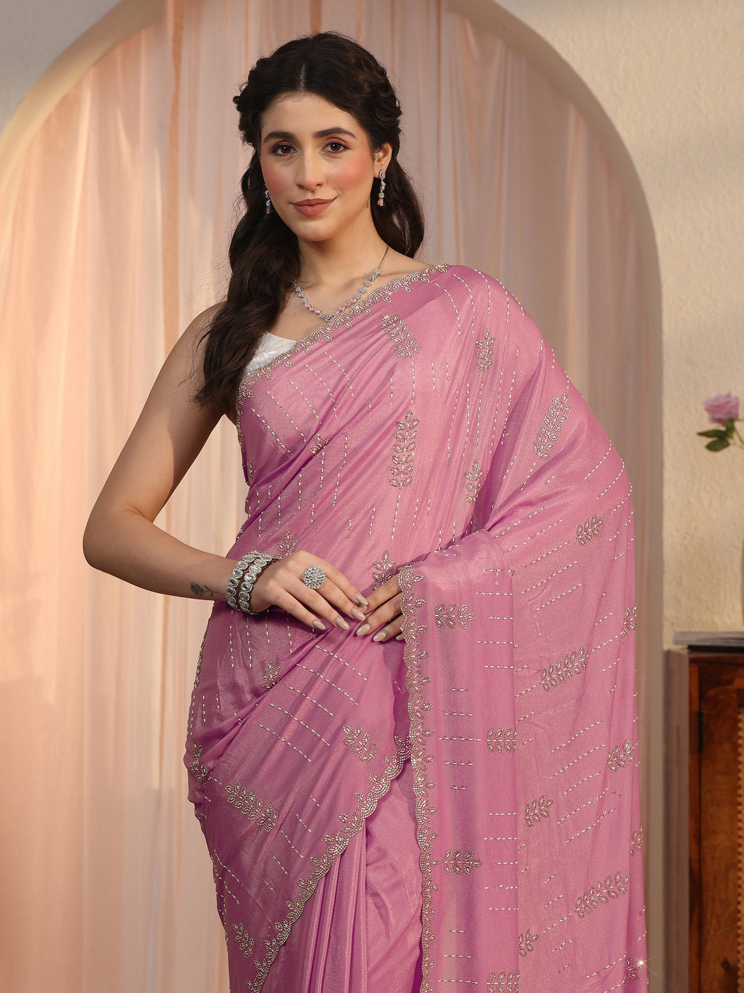  Libas Pink Stone Work Embellished Satin Saree with Scalloped Border 