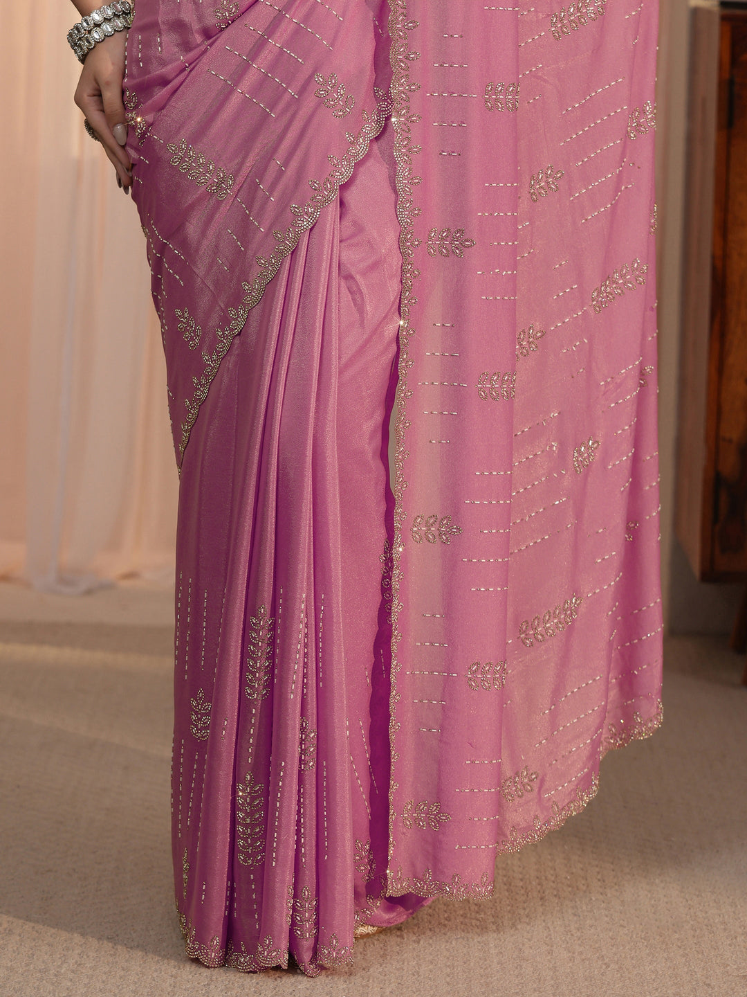  Libas Pink Stone Work Embellished Satin Saree with Scalloped Border 