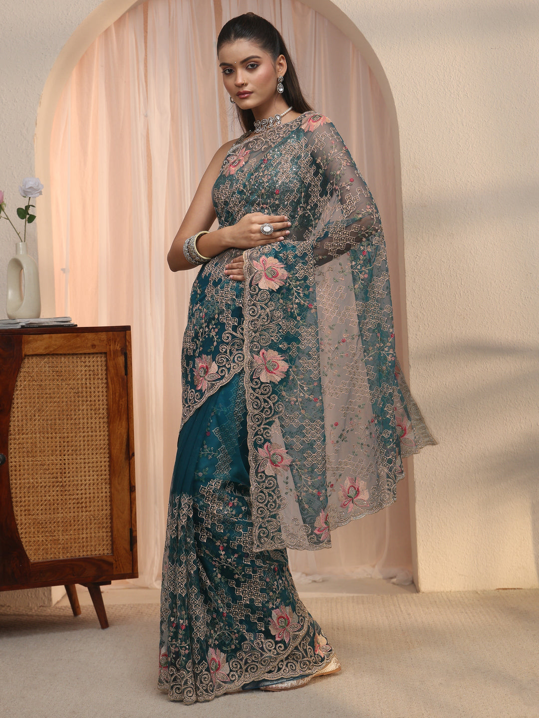  Libas Art Teal Blue Floral Embroidered Stone Work Net Saree 