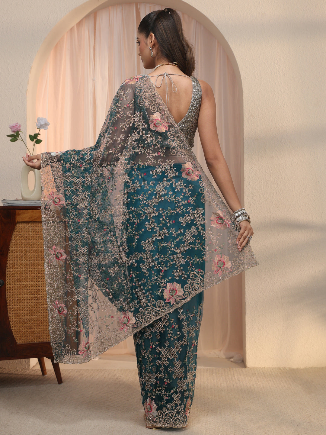  Libas Art Teal Blue Floral Embroidered Stone Work Net Saree 