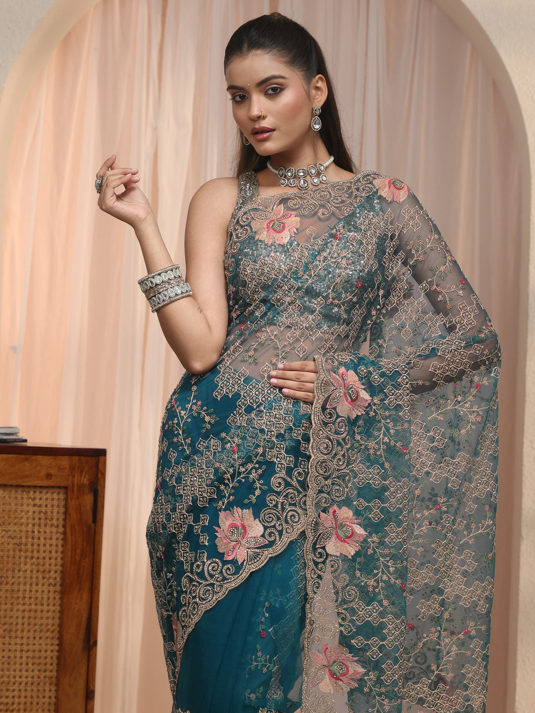  Libas Art Teal Blue Floral Embroidered Stone Work Net Saree 