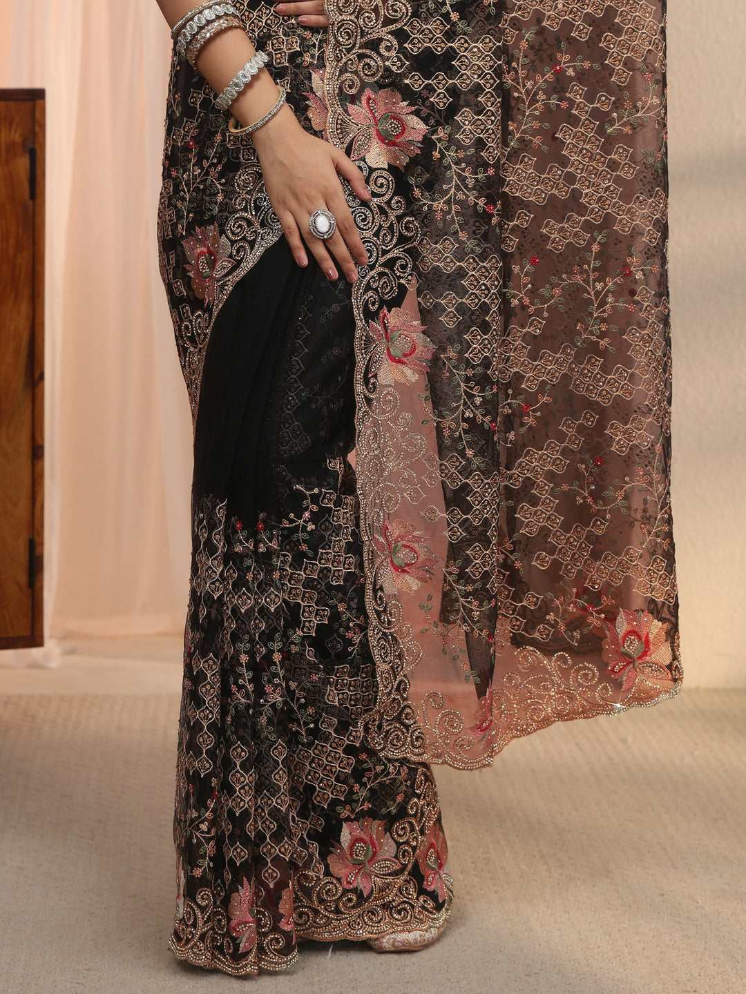  Libas Art Black Floral Embroidered Stone Work Net Saree 