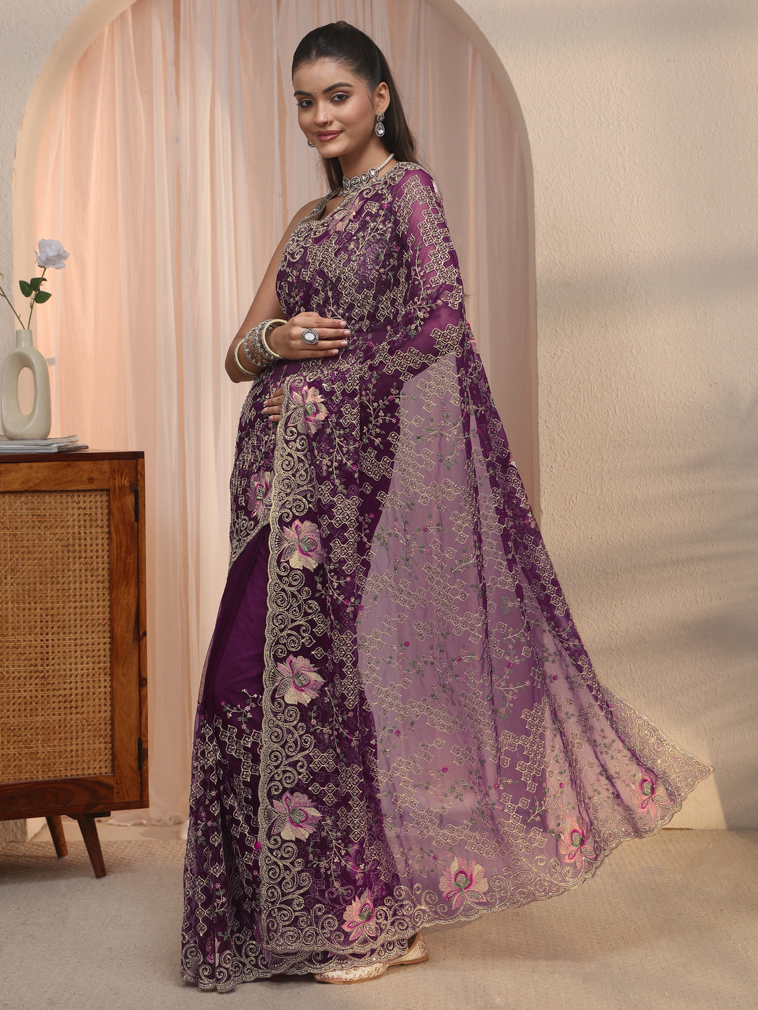 Libas Art Burgundy Floral Embroidered Stone Work Net Saree 