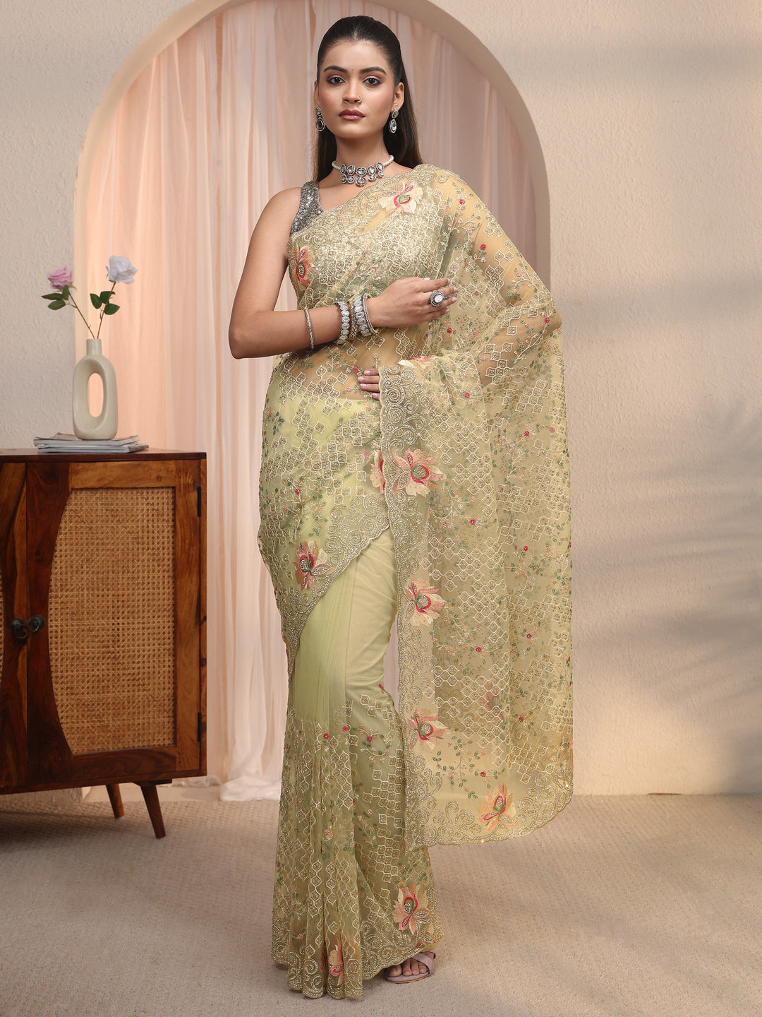  Libas Art Green Floral Embroidered Stone Work Net Saree 